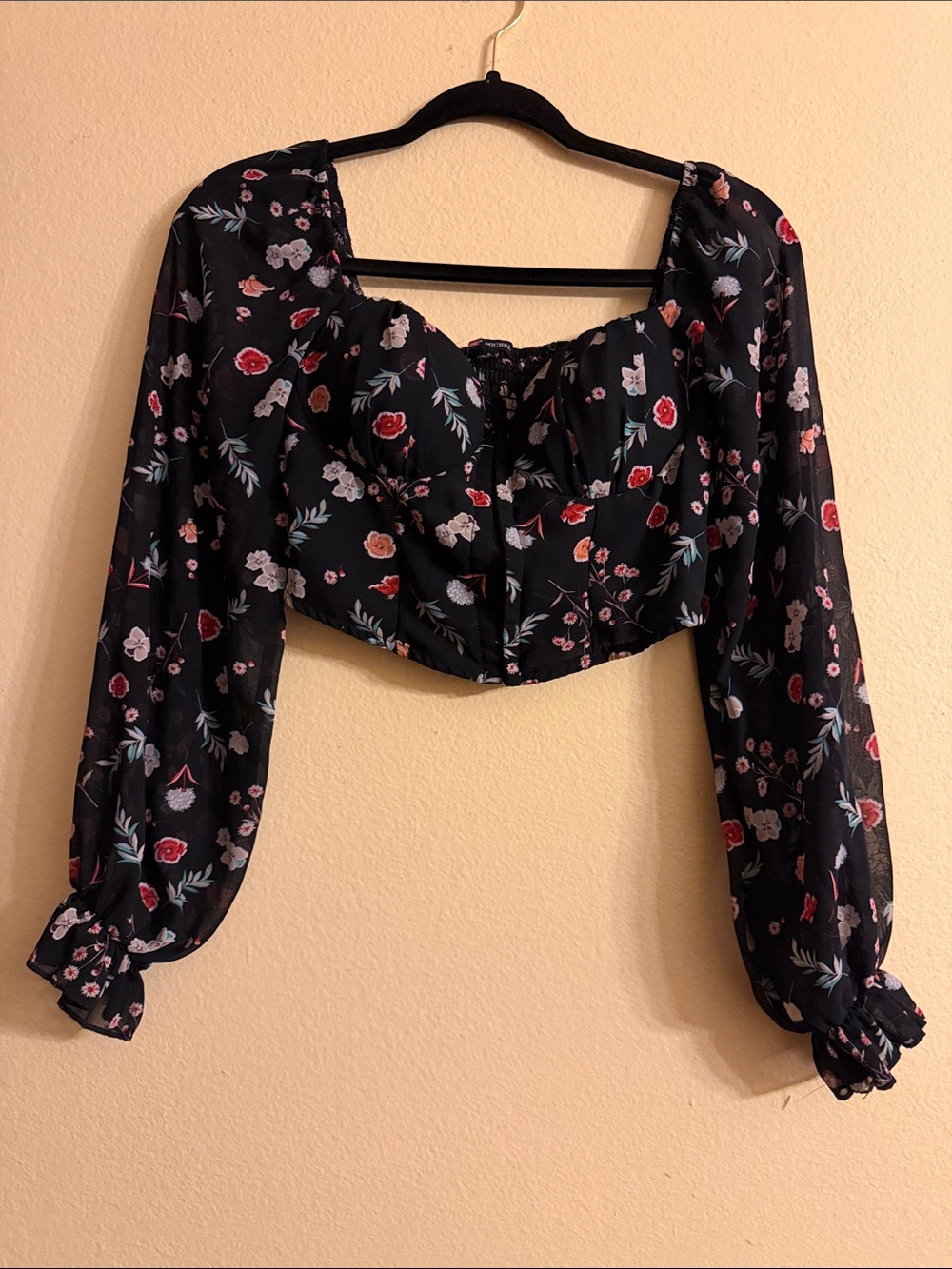Michel Black Floral Long-Sleeve Cropped Bustier Top
